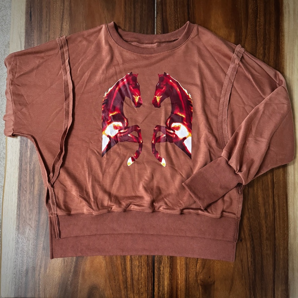 Rust Brown Crewneck Sweater with Mirror Horse Graphic
